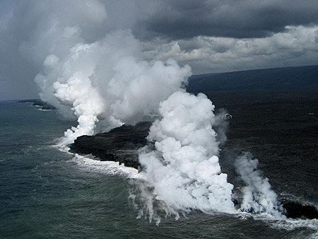 Lava Haze, Laze and VOG on the south coast of Hawaii as lava enters the sea. USGS